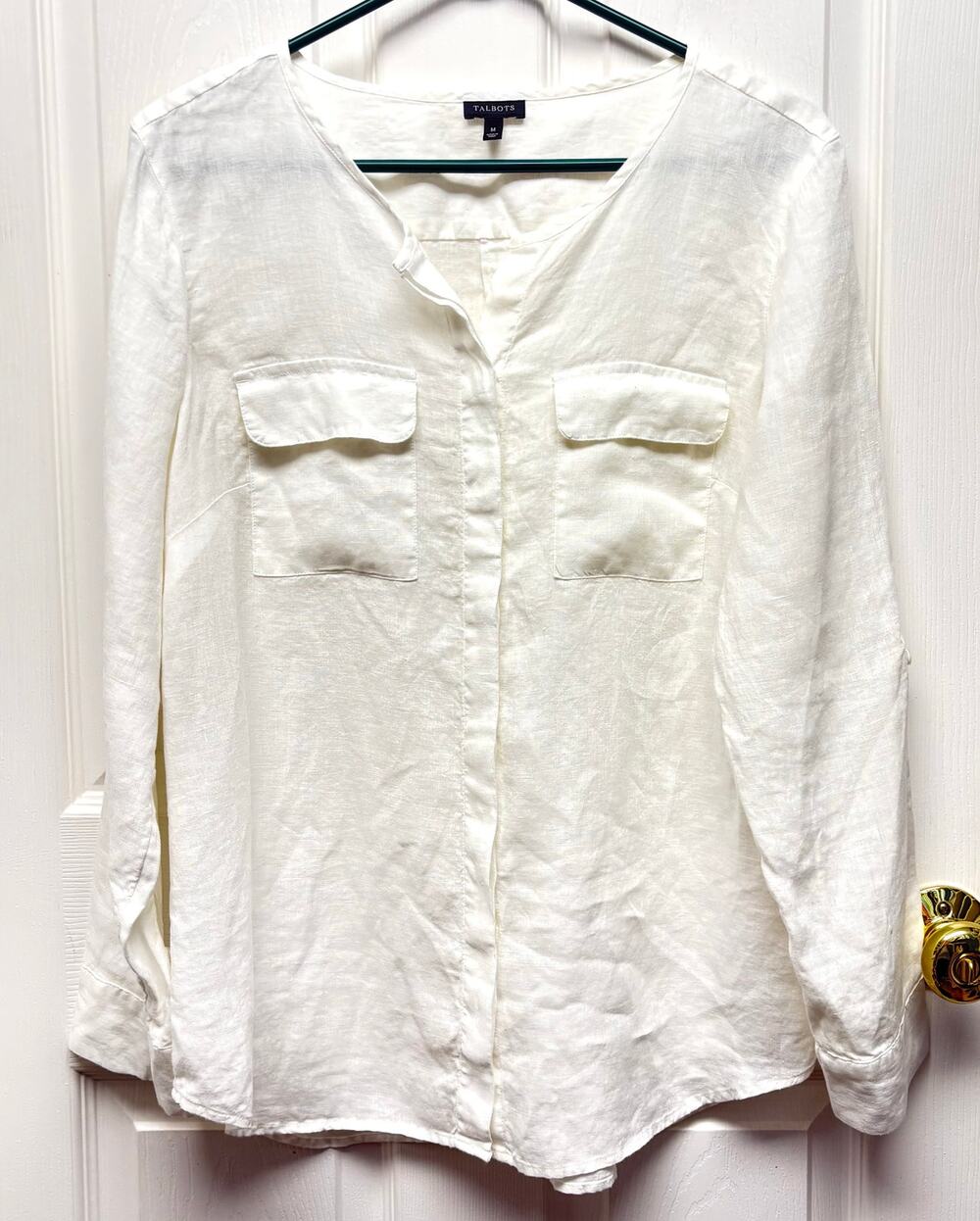 Talbots Blouse White 100% Linen Tab Sleeves Women’s Size M Machine Wash